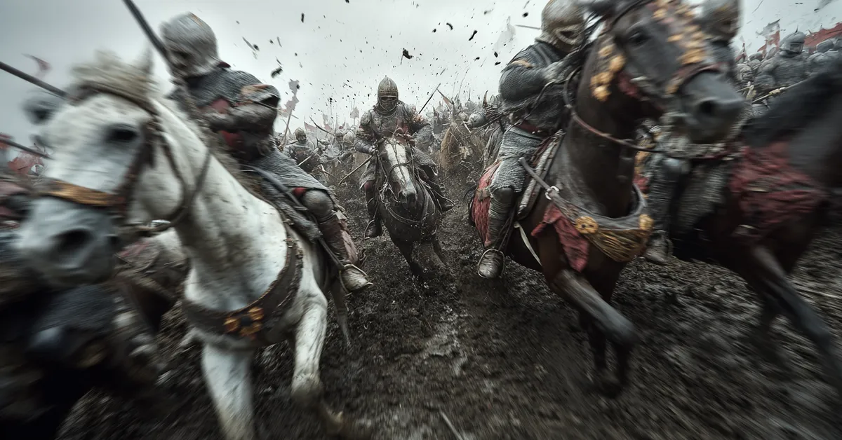 Horses and soldiers clash in deep mud during a dense and chaotic cavalry charge capturing the visceral grit of the Battle of the Bastards