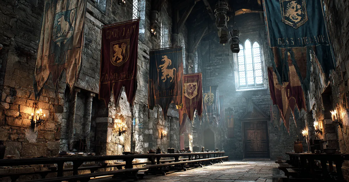 Rows of faded woven banners displaying animal crests and mottos hang from the stone walls of a medieval great hall representing the heraldry of rival houses