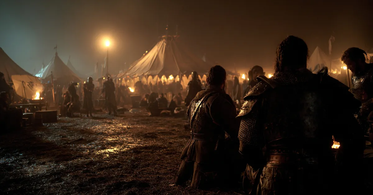 Soldiers in dirty armor huddle around campfires at night near a large horned tent silhouette characteristic of a Baratheon war camp