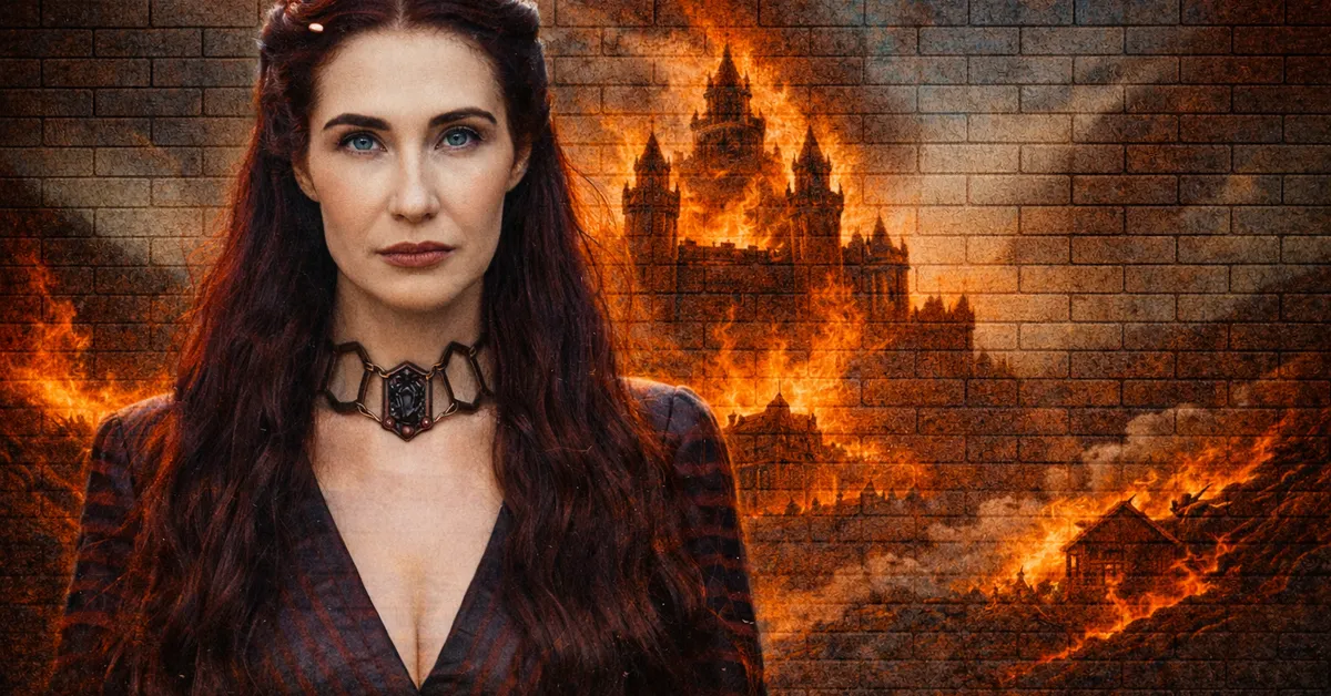Melisandre looking stunning in a marron dress, long black hair as she walks away from a burning castle she destroyed