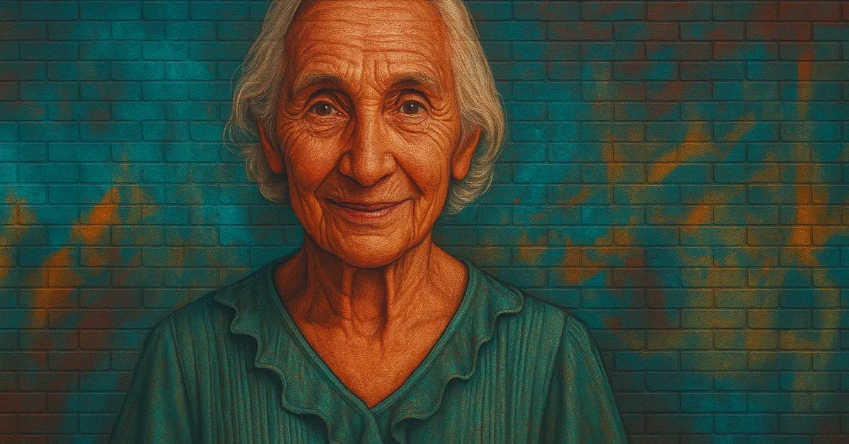 street art portrait of Melusine depicting an elderly witch with short white hair and a gentle smile wearing a teal blouse representing the archivist from the French Ministry of Magic