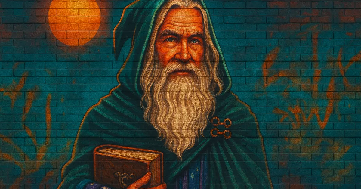 graffiti mural of Merlin showing an ancient wizard with a long flowing white beard and green hood holding a book representing the most famous wizard of all time