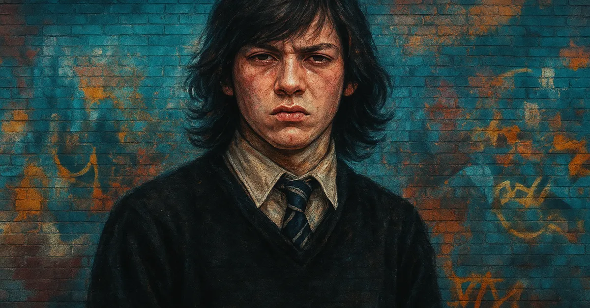 graffiti portrait of Michael Corner showing a teenage wizard with shaggy dark hair and a sullen expression wearing a Hogwarts tie and sweater