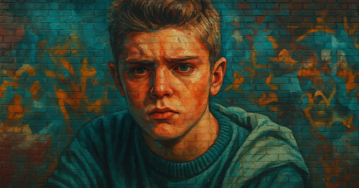 mural of Miles Bletchley depicting a young man with short hair and a tough expression wearing a green jumper representing the Slytherin Quidditch team Keeper