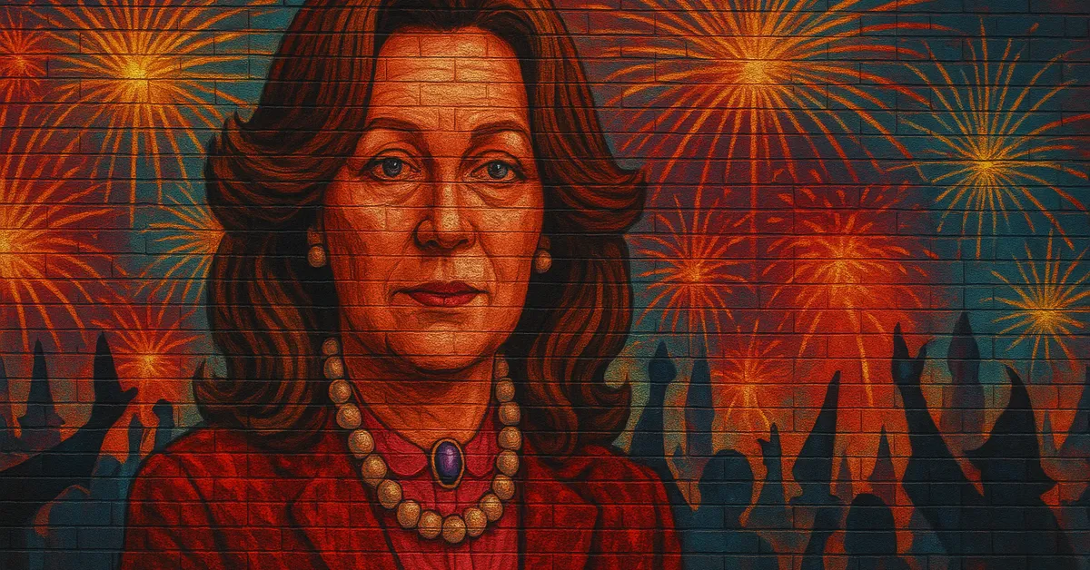 street art of Millicent Bagnold, a dignified woman in a red blazer and pearl necklace smiling confidently against a backdrop of celebratory fireworks