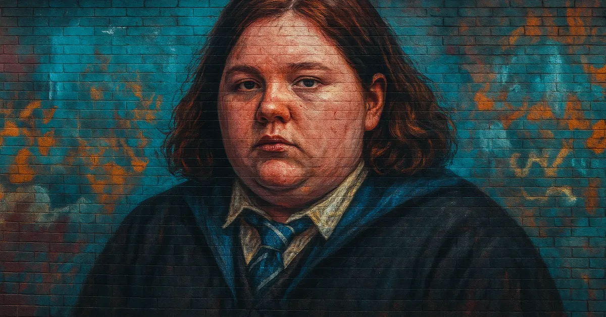 graffiti portrait of Millicent Bulstrode, a heavyset girl with a square jaw and a sullen expression wearing a Slytherin tie and dark robes