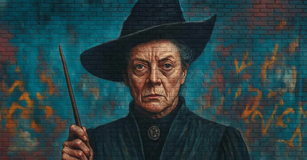 hyper-realistic mural of Minerva McGonagall, a stern elderly witch with a sharp gaze wearing a tall black hat and holding her wand upright ready for transfiguration