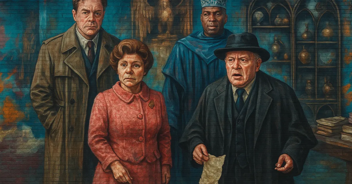 A mural showing four Ministry of Magic officials standing together including a stern man in a trench coat Dolores Umbridge in a pink suit a wizard in blue robes and an older man holding a crumpled parchment with shelves of potions behind them