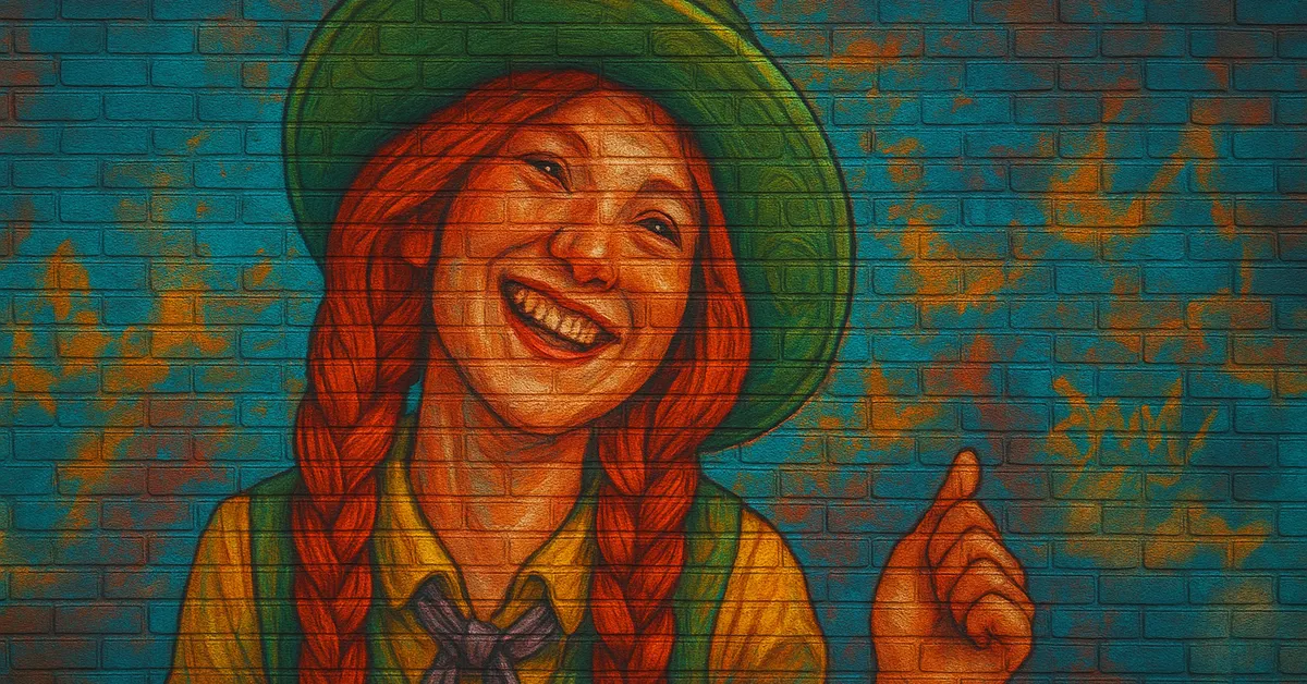 painting of Mirabel Garlick, a young witch with bright red braided hair and a green hat smiling broadly and giving a thumbs up in a herbology setting