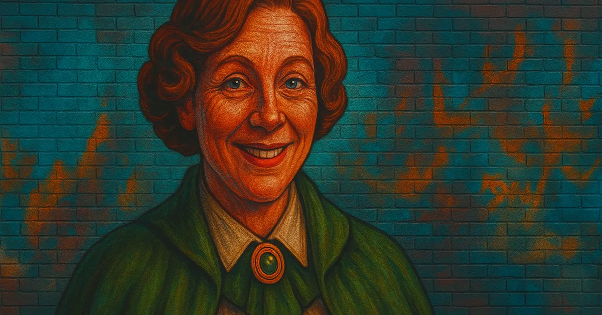 street art portrait of Miriam Strout, a smiling middle-aged woman with curly hair wearing a green Healer's robe and a copper medallion