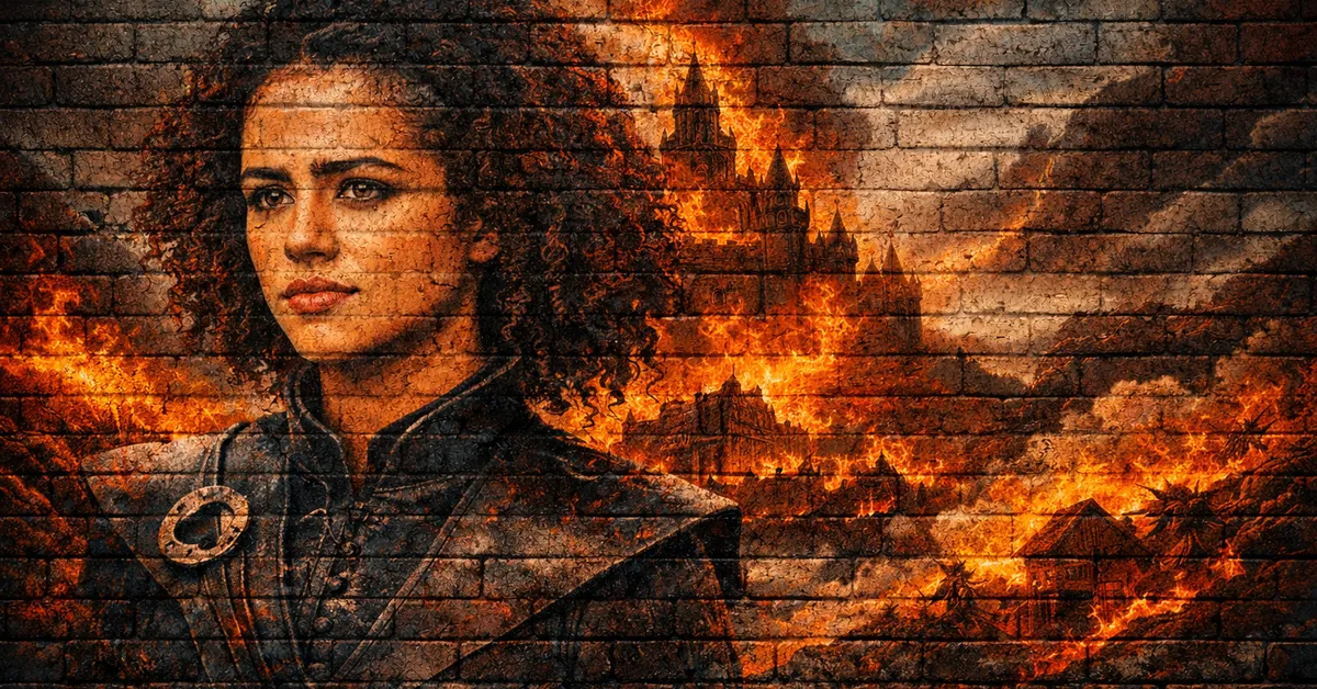Missandei stands resilient, looking toward the future as behind her another kingdom she conquered is destroyed by fire