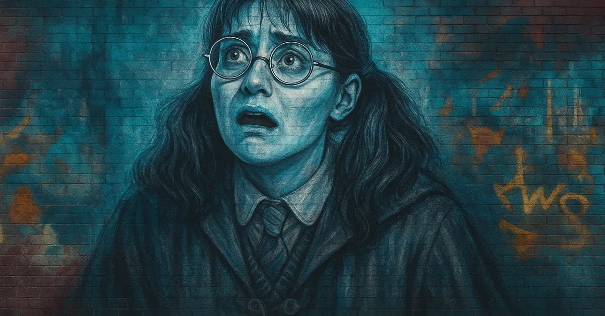 graffiti mural of Moaning Myrtle, depicting a spectral blue girl with round glasses and pigtails looking up with an expression of tragic despair