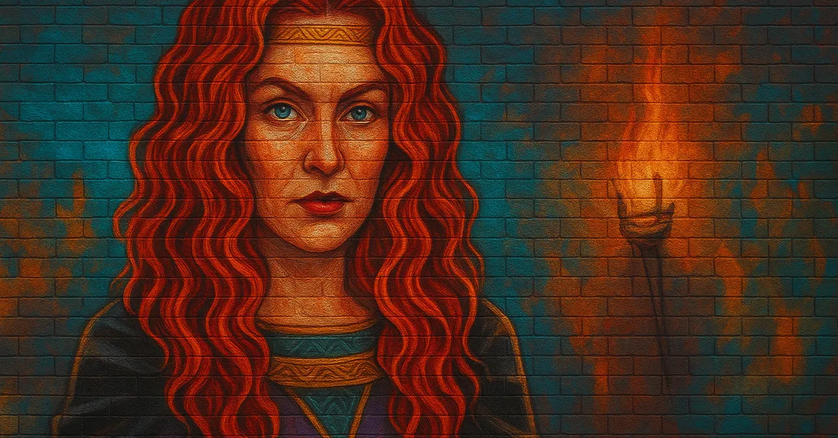 hyper-realistic street art of Modesty Rabnott, a woman with flowing red hair and a golden headband standing fiercely next to a torch protecting the Snidget
