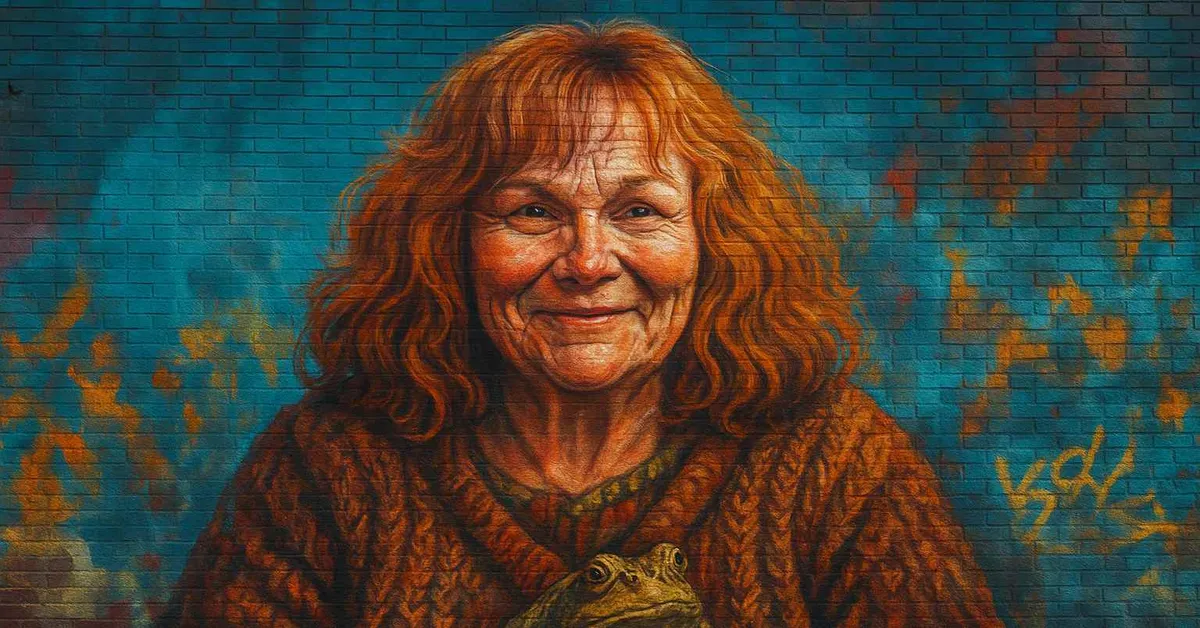 mural of Molly Weasley, a kind-faced woman with messy red hair and a warm smile holding a large toad against a blue brick background