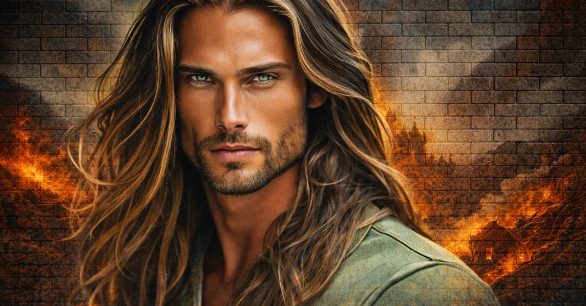 Monford Velaryon standing with wavy hair, good looking eyes and green silk as behind him flaes rage