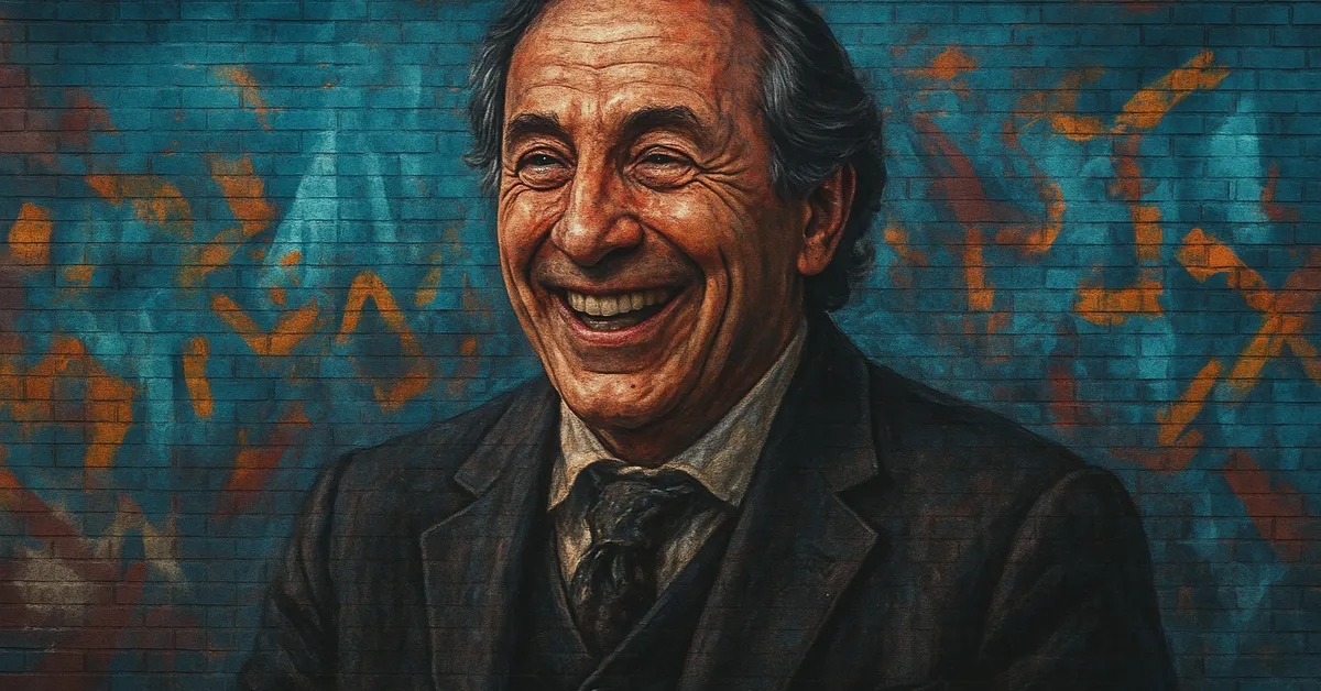 graffiti portrait of Monsieur Delacour, a jovial man with a dark suit and a short beard laughing heartily representing Fleur's father