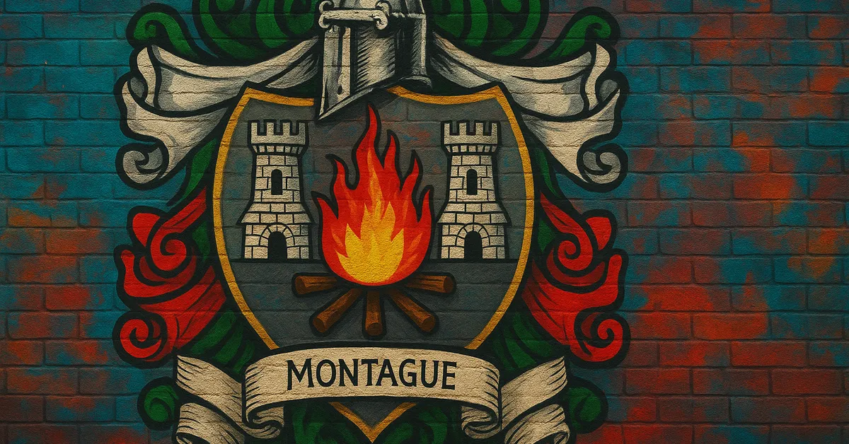 street art of the Montague Family crest, featuring a shield with a red fire between two stone towers topped with a knight's helmet on a textured wall