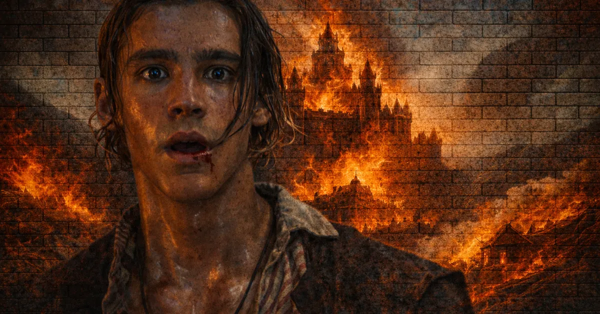 Monterys Velaryon looking shocked and surpised as his castle home rages with fire and destruction in the background