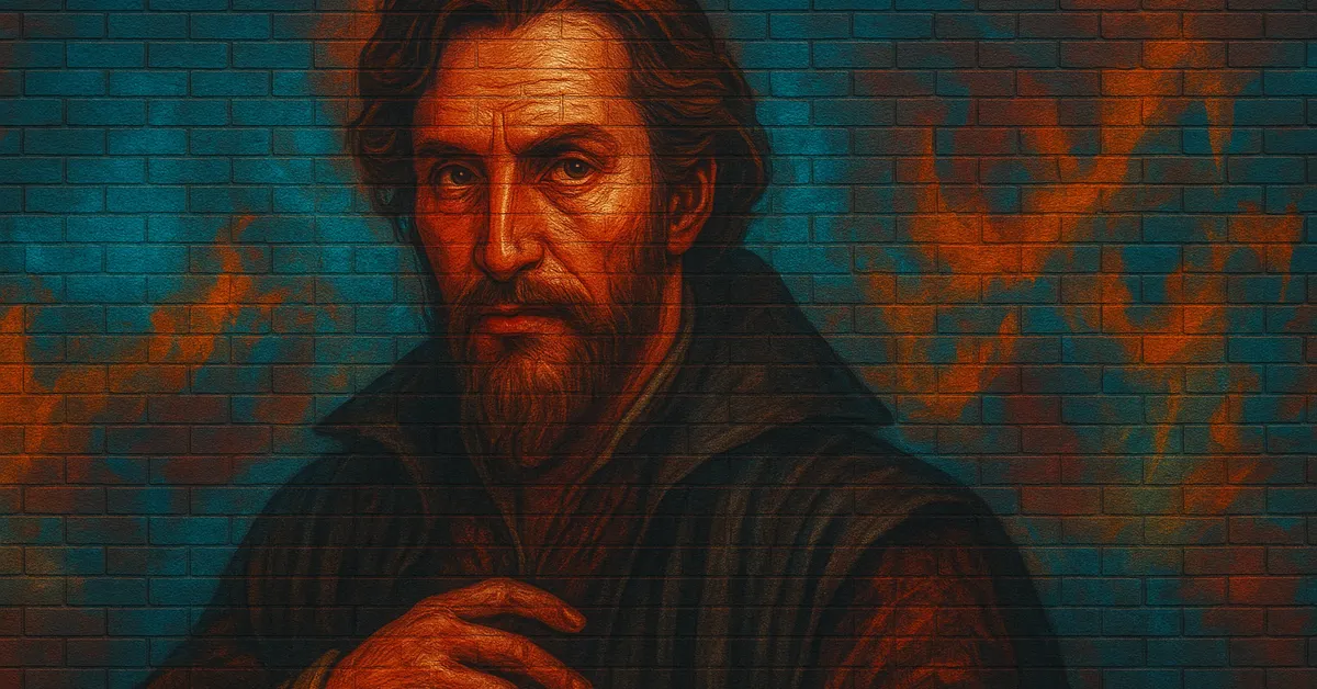 hyper-realistic street art of a bearded wizard 'Mordicus Egg' with a serious expression and hand on his chest representing the author of muggle philosophy