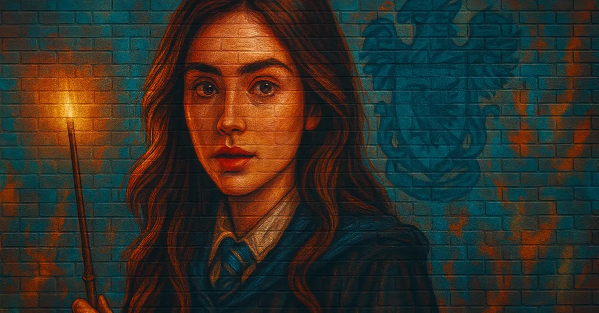 painting of a mystical witch 'Morgan Le Fay' with long hair holding a lit wand standing next to a blue bird crest representing the legendary enchantress