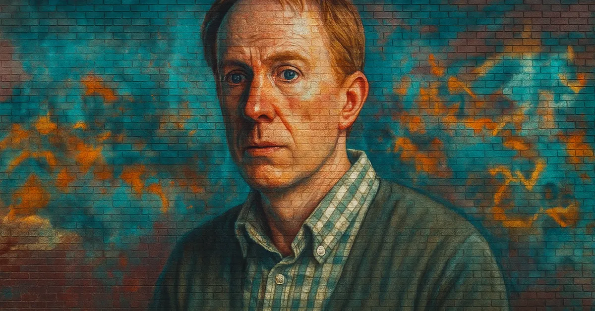 graffiti mural of a man 'Mr Granger' with receding red hair and a checked shirt looking concerned representing hermiones muggle father