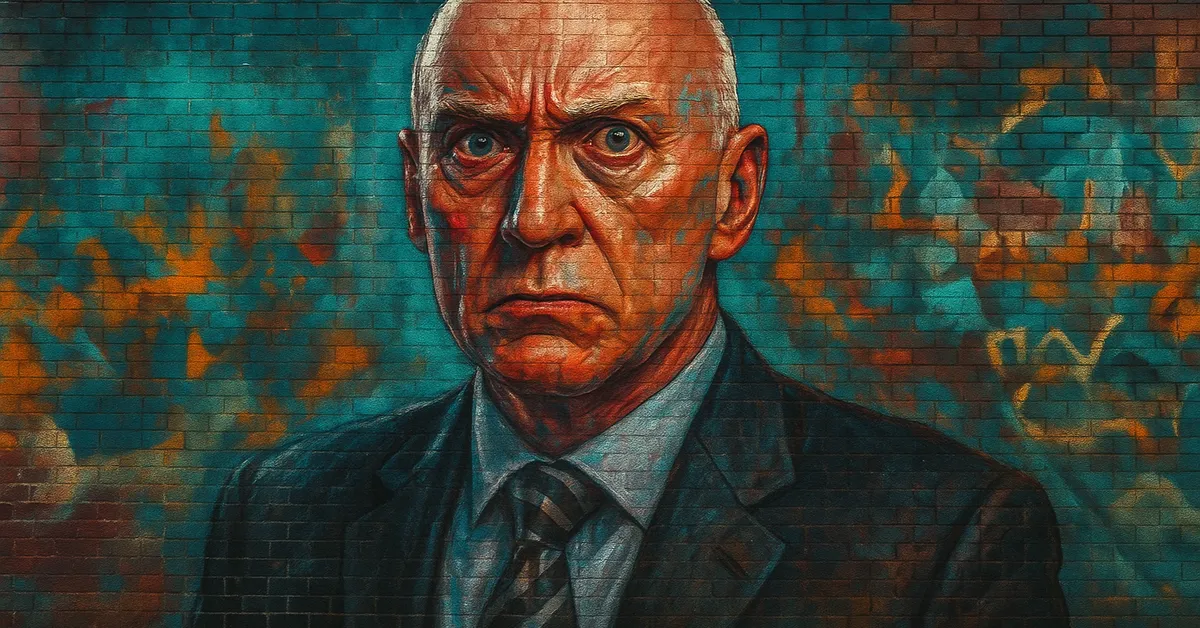 hyper-realistic painting of a bald man 'Mr Mason' with wide eyes and a suit looking intense representing the dursleys dinner guest