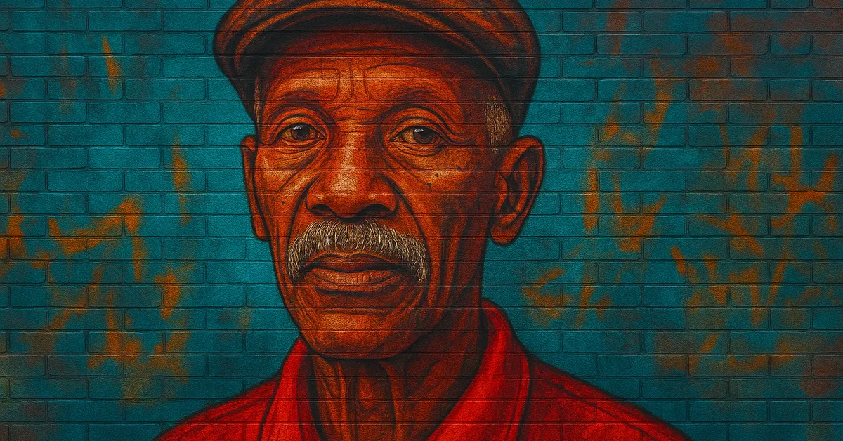 street art of an elderly black man 'Mr Roberts' with a grey mustache and flat cap wearing a red shirt depicting the campsite manager