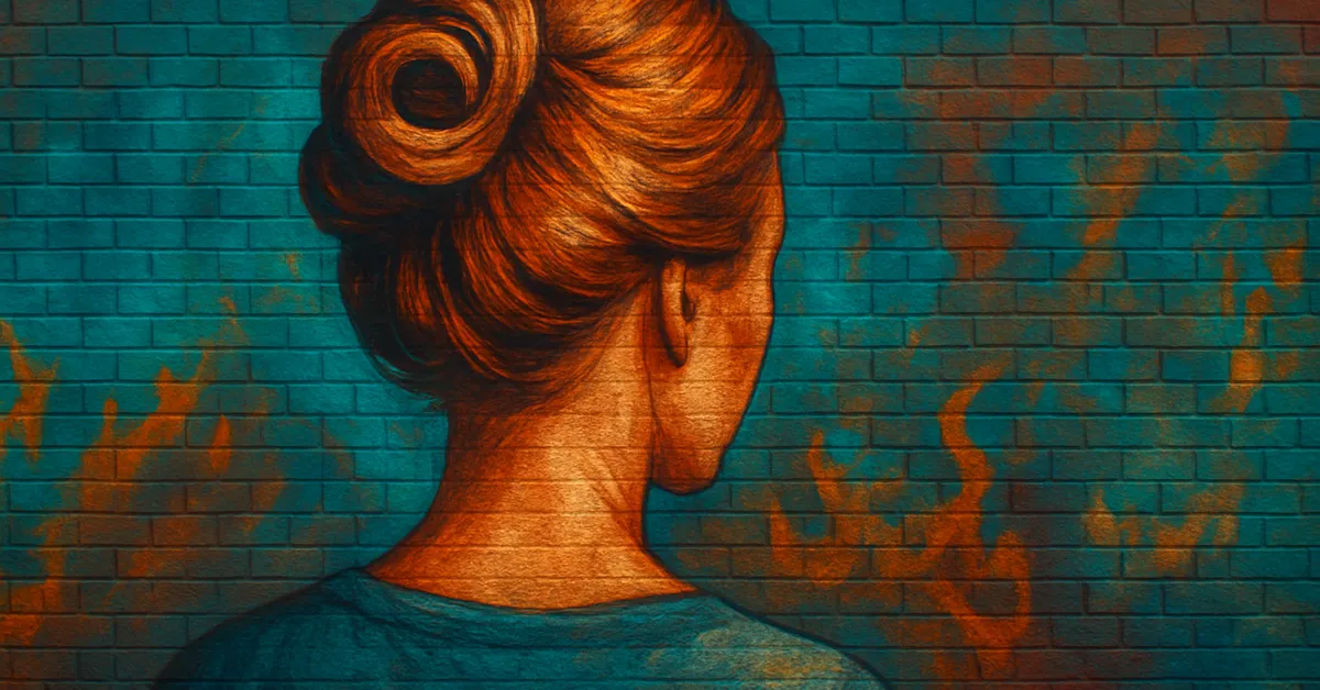 graffiti of the back of a woman 'Mrs Crouch' with red hair in a bun turning away representing her switch with her son in azkaban