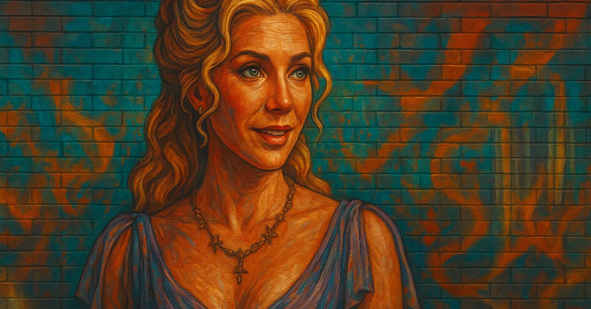 hyper-realistic street art of Mrs Diggory, a blonde woman with a gentle smile wearing a blue dress and a star necklace looking proud on a brick wall