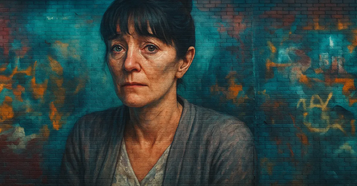 graffiti portrait of Mrs Granger, a woman with dark hair pulled back and a worried expression wearing a simple grey cardigan representing Hermione's mother