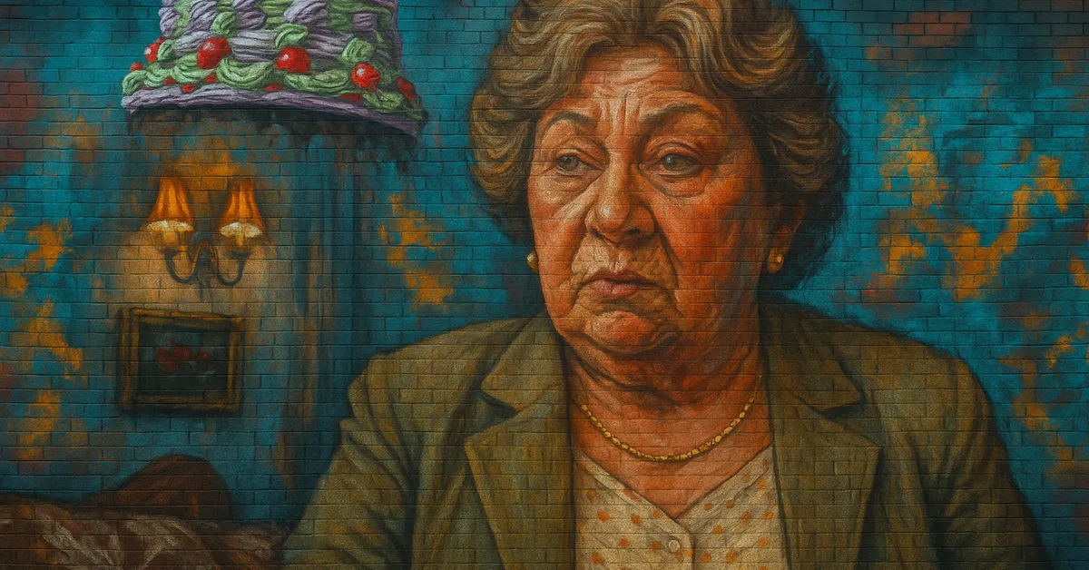 mural of Mrs Mason, an elderly woman with a look of shock while a large purple floating pudding hovers precariously above her head on a textured wall