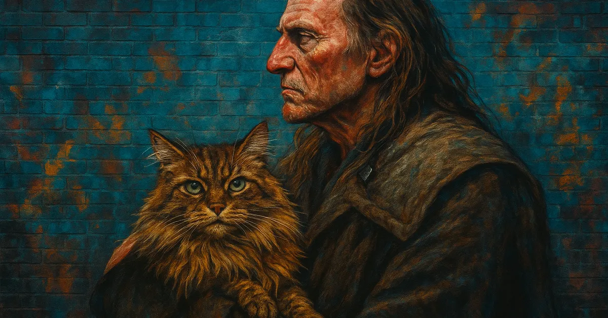 hyper-realistic painting of Argus Filch holding Mrs Norris, a fluffy tabby cat with piercing yellow eyes and a grumpy expression against a blue brick background