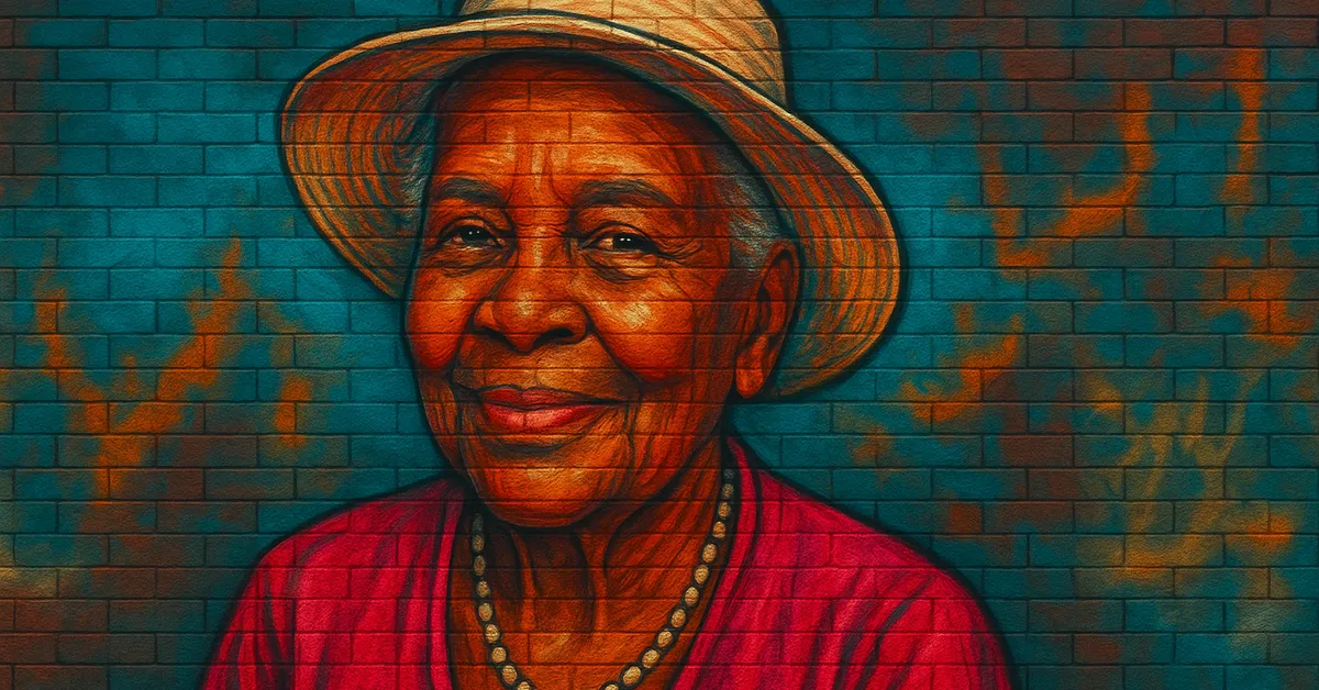 street art portrait of Mrs Roberts, an elderly woman with a warm smile wearing a wide-brimmed straw hat and red clothing depicted on a brick surface