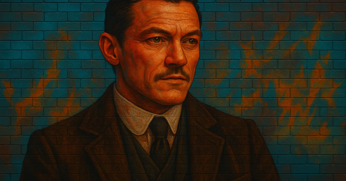 graffiti portrait of Mulciber, a man with dark hair and a mustache wearing a sharp suit and coat with a serious expression