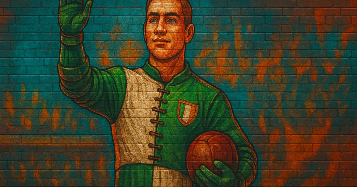 graffiti mural of Mullet, depicted as a male Quidditch player in green Irish robes holding a Quaffle with one hand raised on a textured wall
