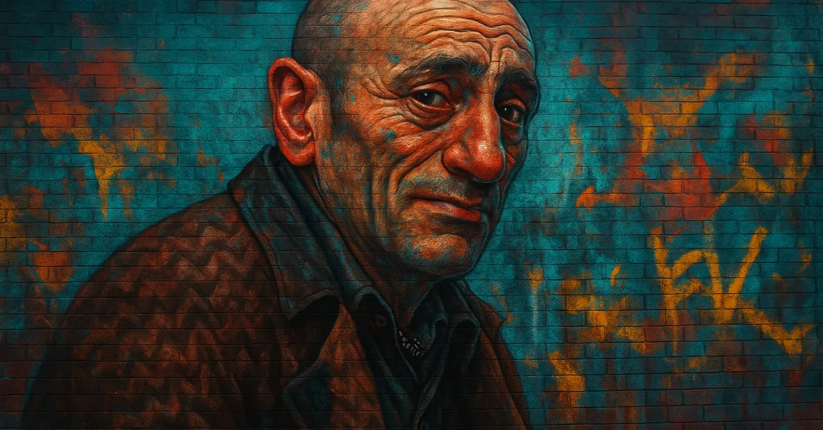 street art portrait of Mundungus Fletcher, a scruffy bald man with bloodshot eyes and a deceitful expression wearing a tattered brown coat
