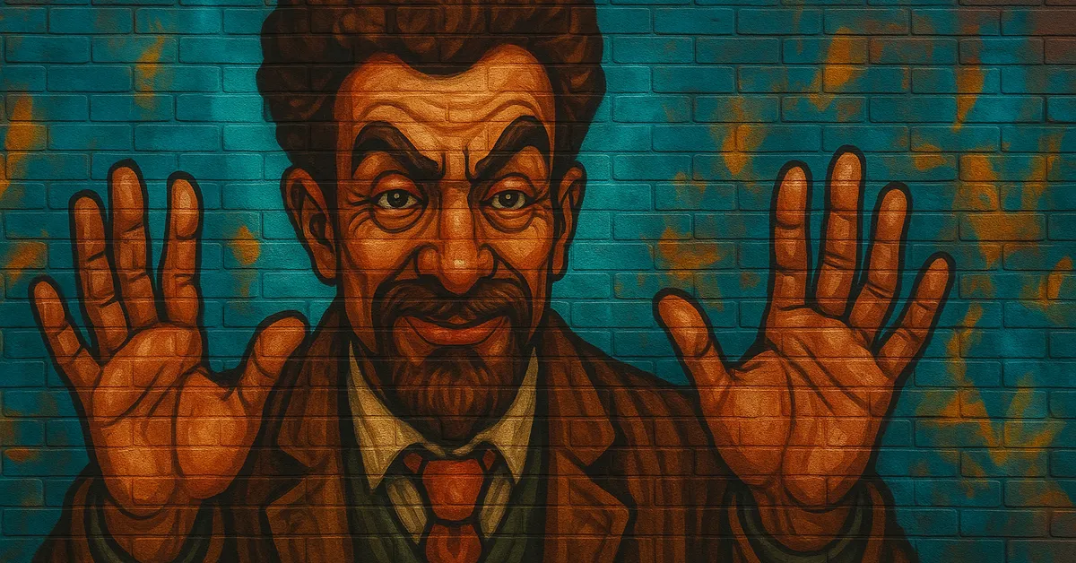 painting of Mungo Bonham, a bearded wizard in a suit and tie holding his hands up with an intense gaze representing the hospital founder