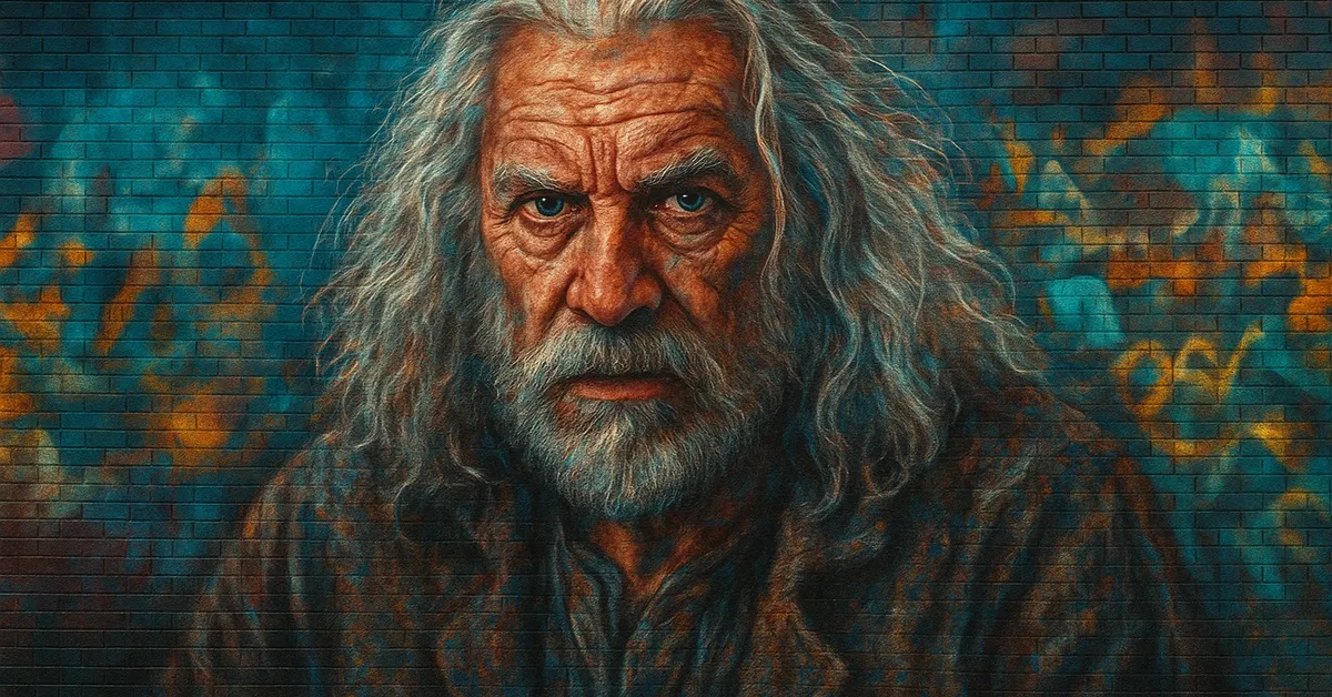 hyper-realistic mural of Mykew Gregorovitch, an elderly wandmaker with chaotic white hair and a beard staring intensely from a brick surface