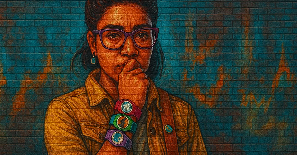 graffiti portrait of Myra Curio, a woman with purple glasses and multiple colourful wristbands looking thoughtful with her hand on her chin