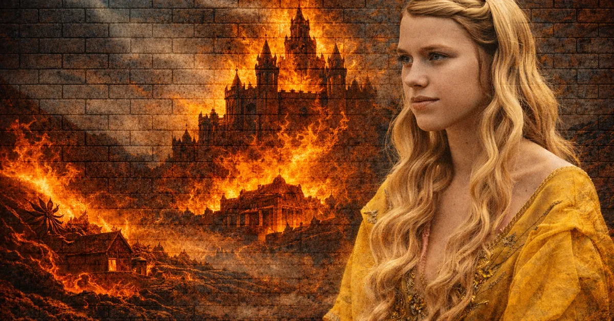Myrcella Baratheon looking away with no cares or concern as a home and castle burns in the backround without control