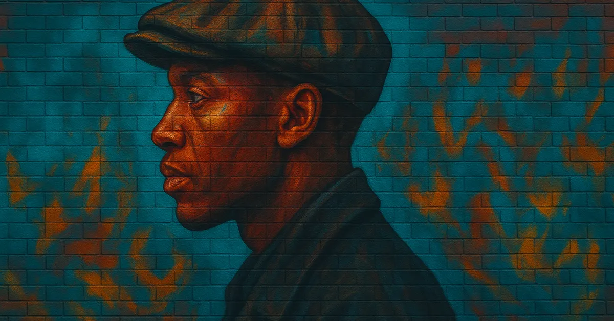 hyper-realistic street art of Nagel, a man wearing a flat cap and dark coat looking sideways with a serious expression on a blue brick wall