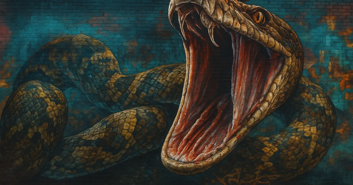 mural of Nagini The Snake depicting a massive serpent with its jaws wide open exposing sharp fangs and textured scales