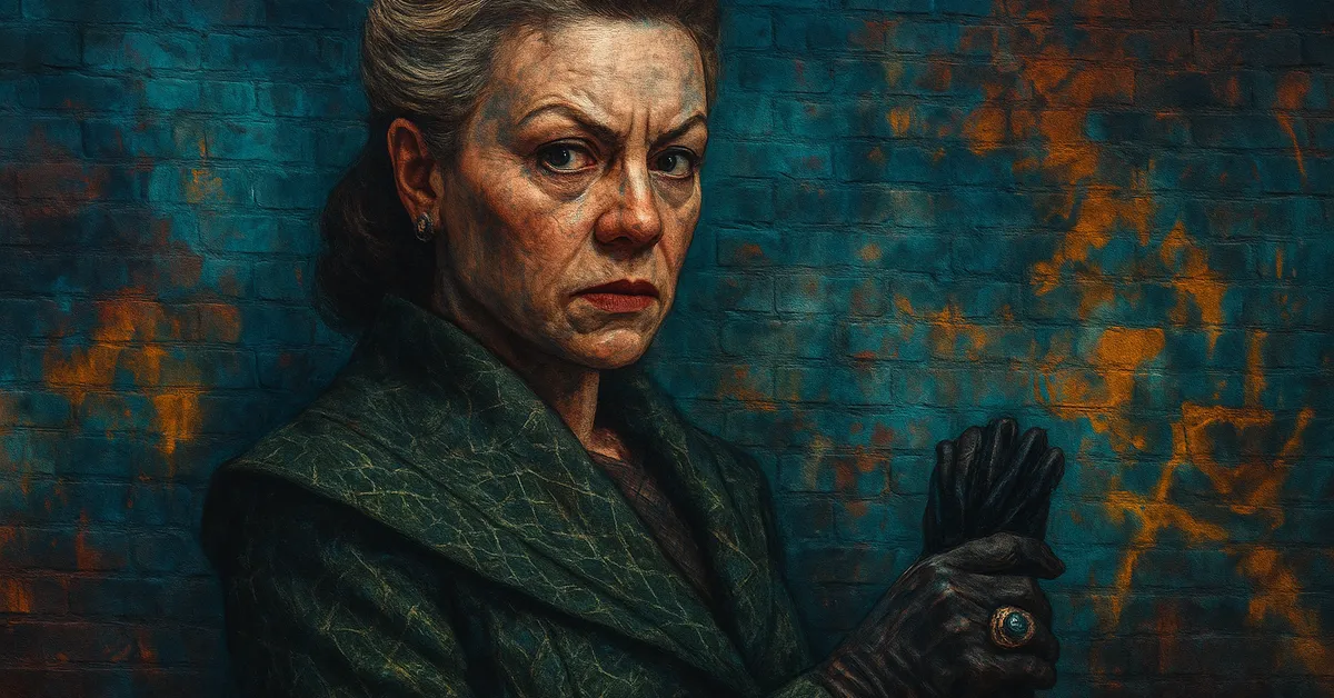 graffiti portrait of Narcissa Malfoy featuring a woman with blonde and dark hair looking concerned while clutching gloves in her hands