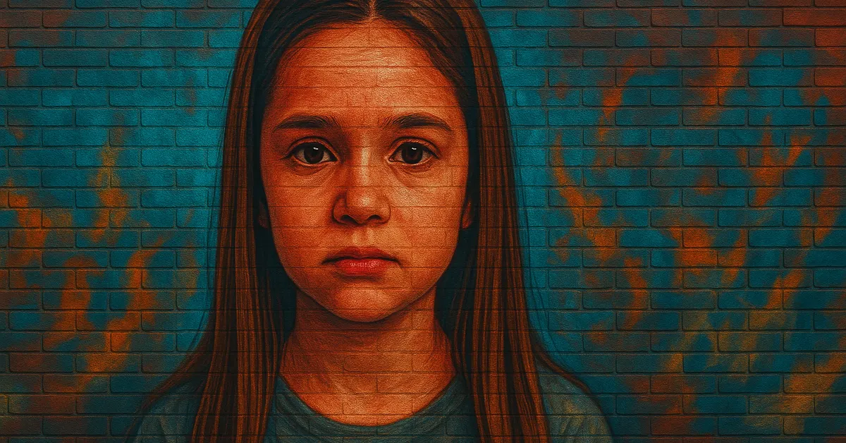 painting of Natalie McDonald as a young girl with long brown hair and wide innocent eyes wearing a blue shirt on a brick wall