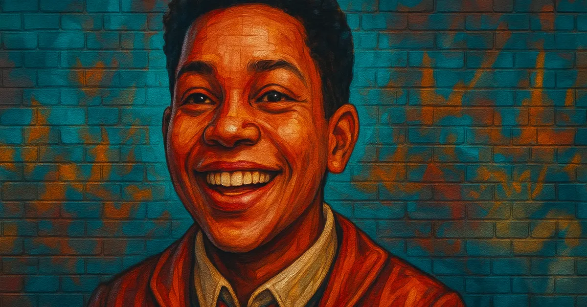 street art portrait of Natsai Onai, a cheerful student with short curly hair and a bright smile wearing a red school uniform