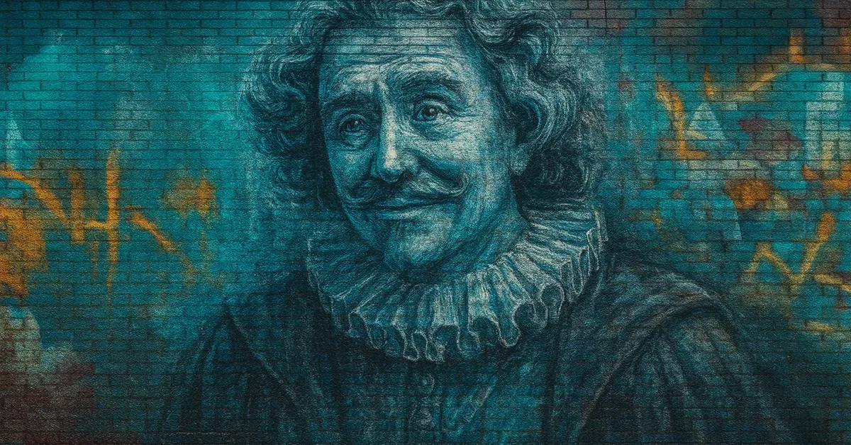 graffiti mural of Nearly Headless Nick depicted as a spectral blue figure with a ruff collar and mustache representing the Gryffindor ghost