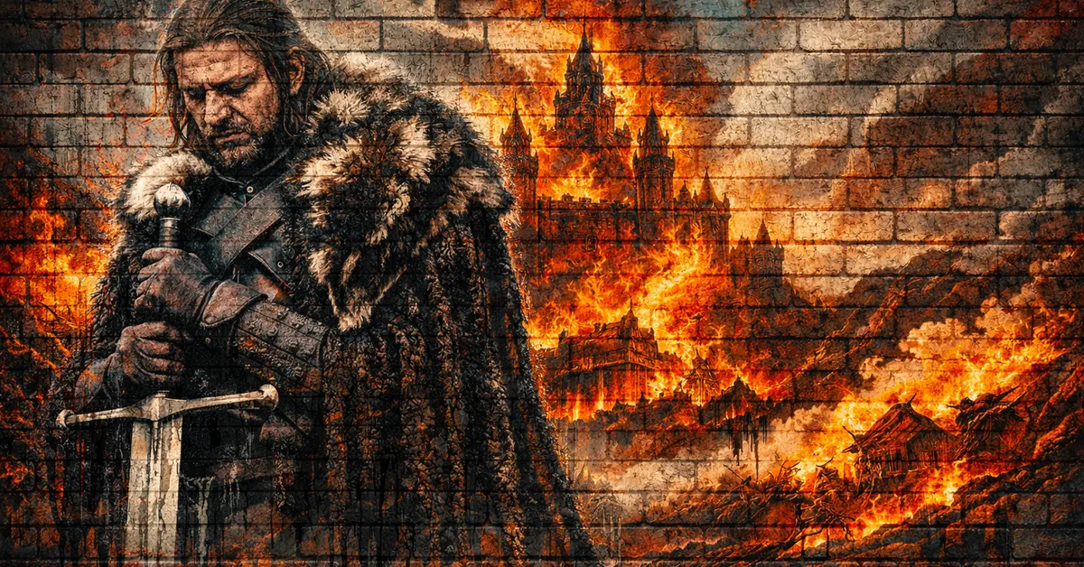 Ned Stark long brown hair greying beard dark grey eyes in grey fur cloak holding the greatsword Ice with a burning castle behind