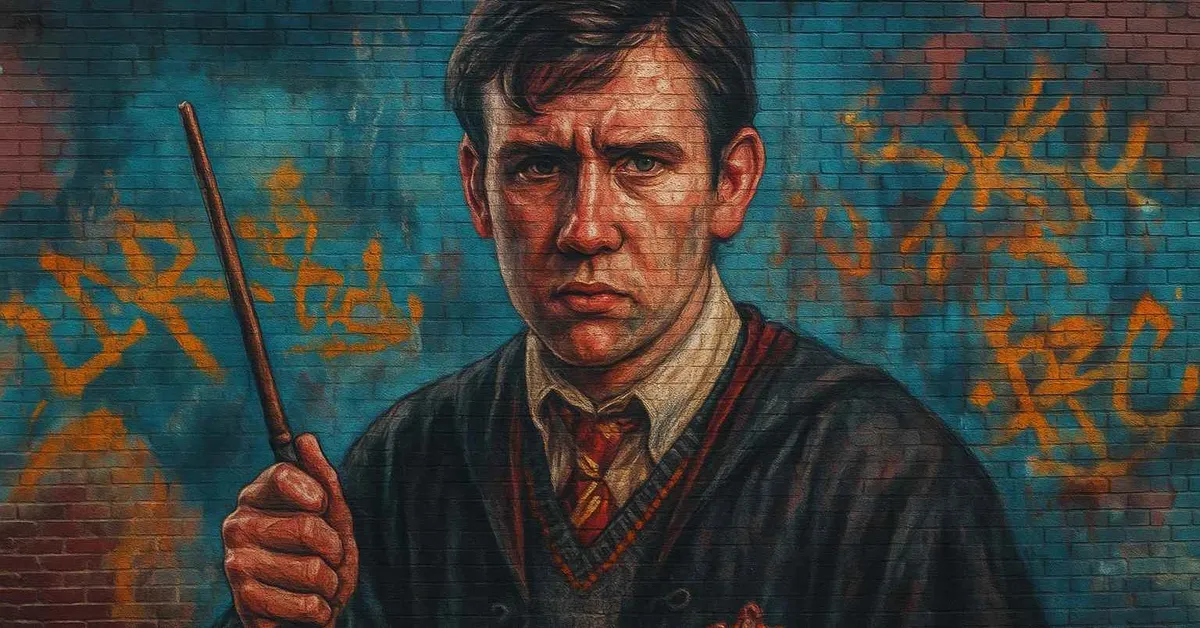 hyper-realistic street art of Neville Longbottom holding a wand with a fierce determination on his face during the Battle of Hogwarts