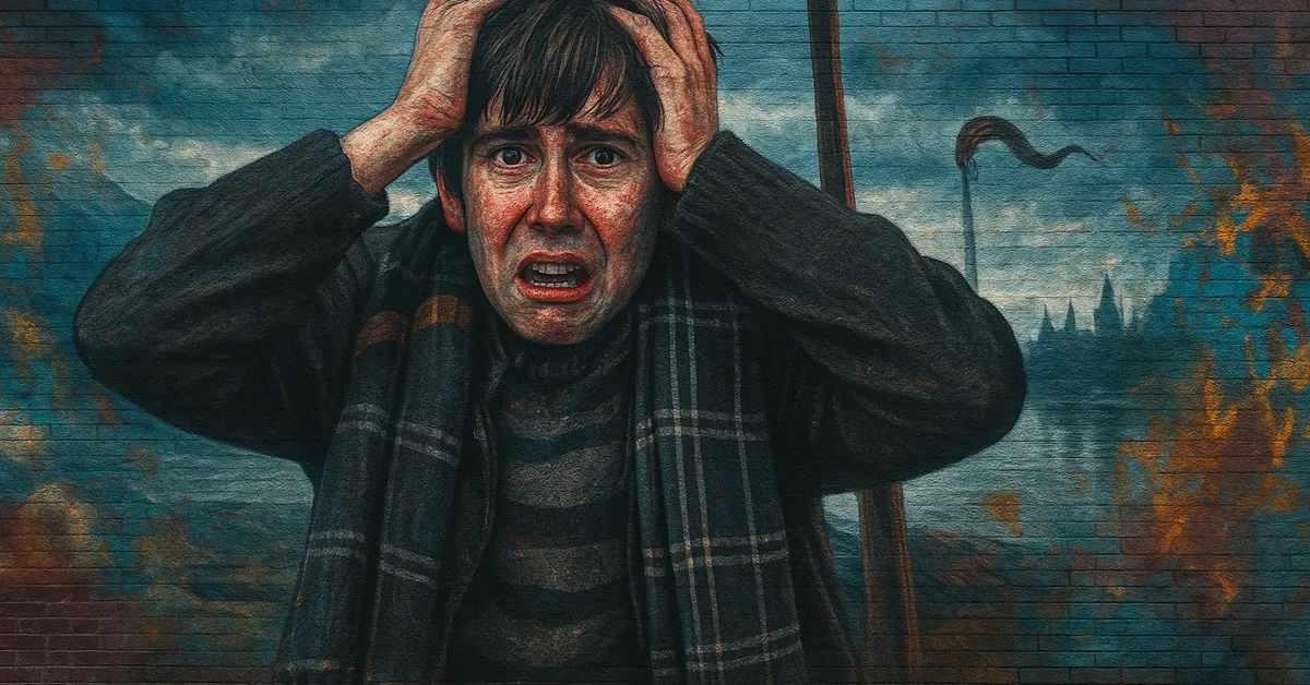 A mural of Neville Longbottom clutching his head in panic with an overcast sky and Hogwarts silhouette in the distance