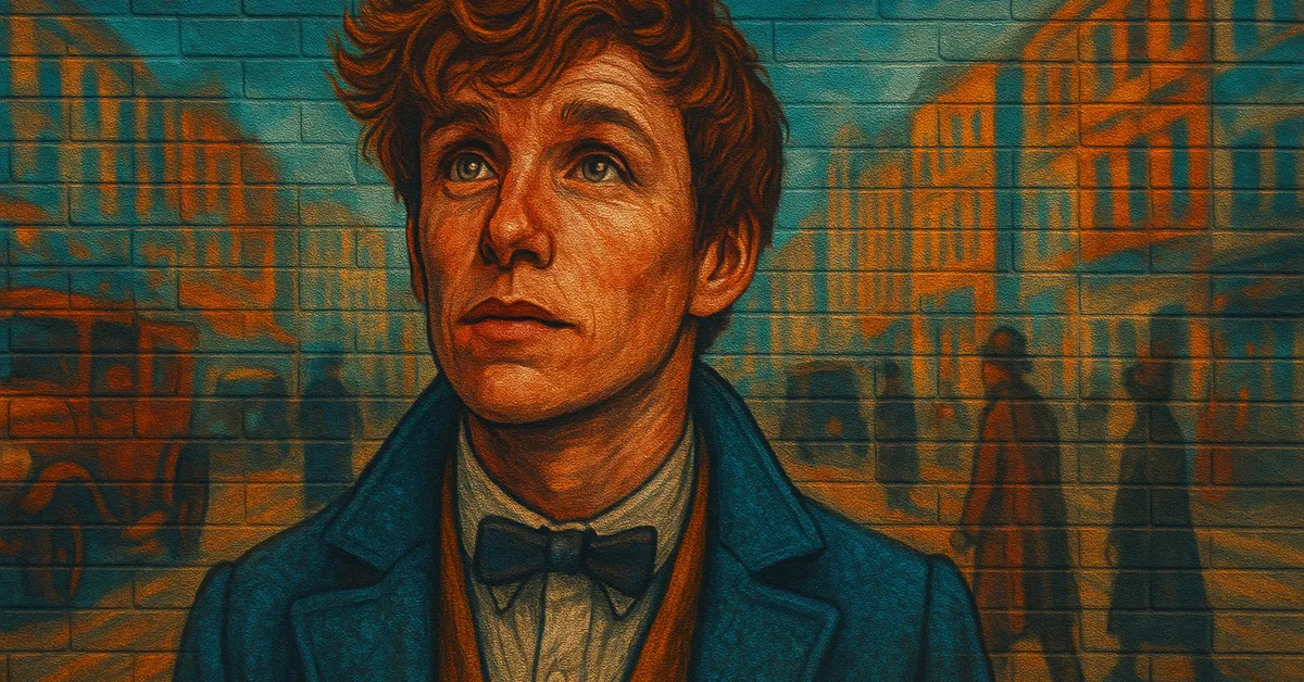 mural of Newton Scamander wearing his iconic teal coat and bowtie looking upwards with a curious expression on a brick background